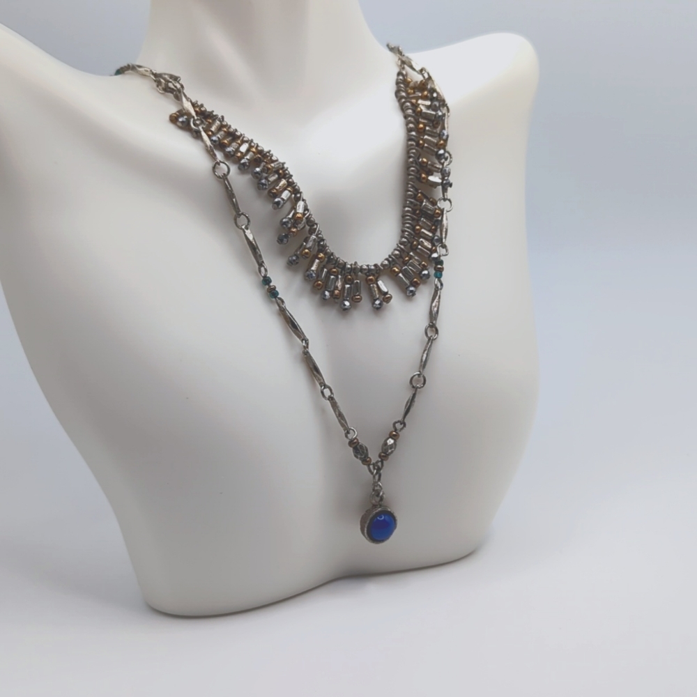 Macy's double dangle silver necklace with gorgeous blue pendant